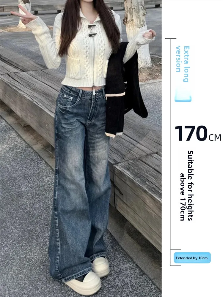 

Extended Length Wide Leg Denim Jeans Women's Spring Autumn Vintage High Street Sle Loose Fit Non-Stretch Bootcut Jeans