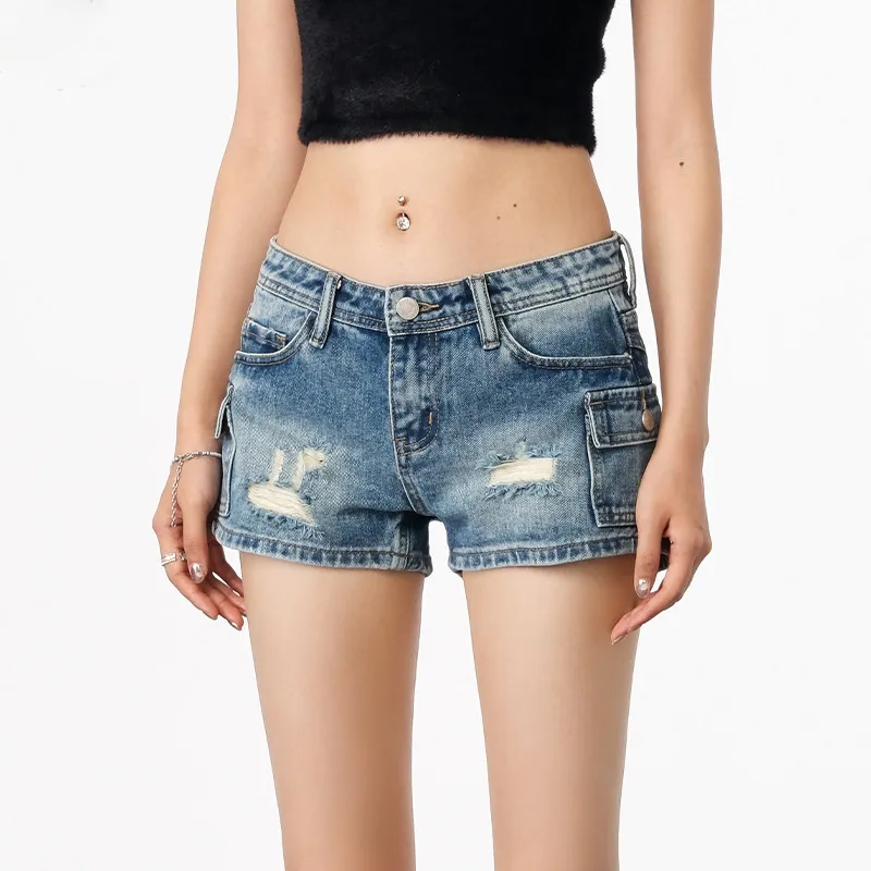 

Women's Blue Cargo Jeans Shorts Pocket Y2K Japanese Harajuku High Street 2000S Style Aesthetic Sexy Retro Denim Shorts Clothing