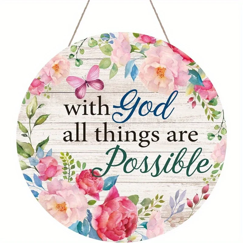 Faith-Inspired Spring Welcome Wreath Sign 'with God All Things Are Possible' Round Door Hanger with Colorful Flowers