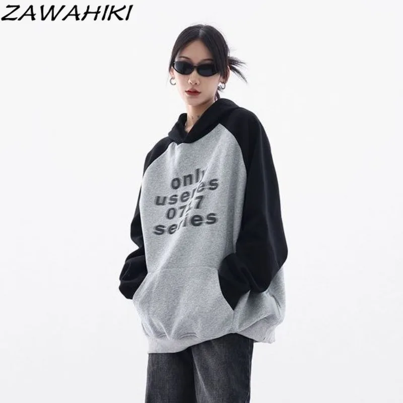 ZAWAHIKI Hoodies Women Patchwork Contrast Color Letter Print Loose Spring Fall Versatile Streetwear Teenagers K Pop Clothes