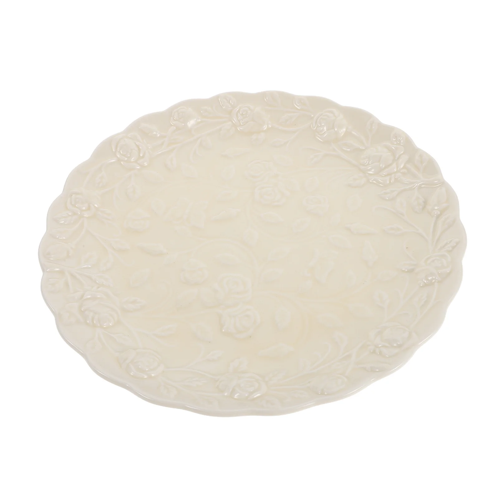 

Embossed Serving Platter French Dinnerware Ceramic Rose Pattern White Round Dessert Display Plate Cake Serving Snack Platter