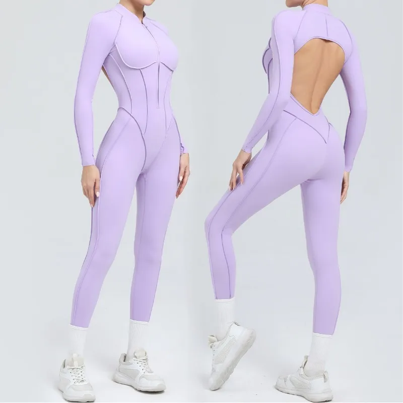 

Womens Backless Yoga Jumpsuit Half-Zip Long Sleeve Tight-Fitting Gym Activewear Outdoor Sports Wear Shaping Fitness Outfit