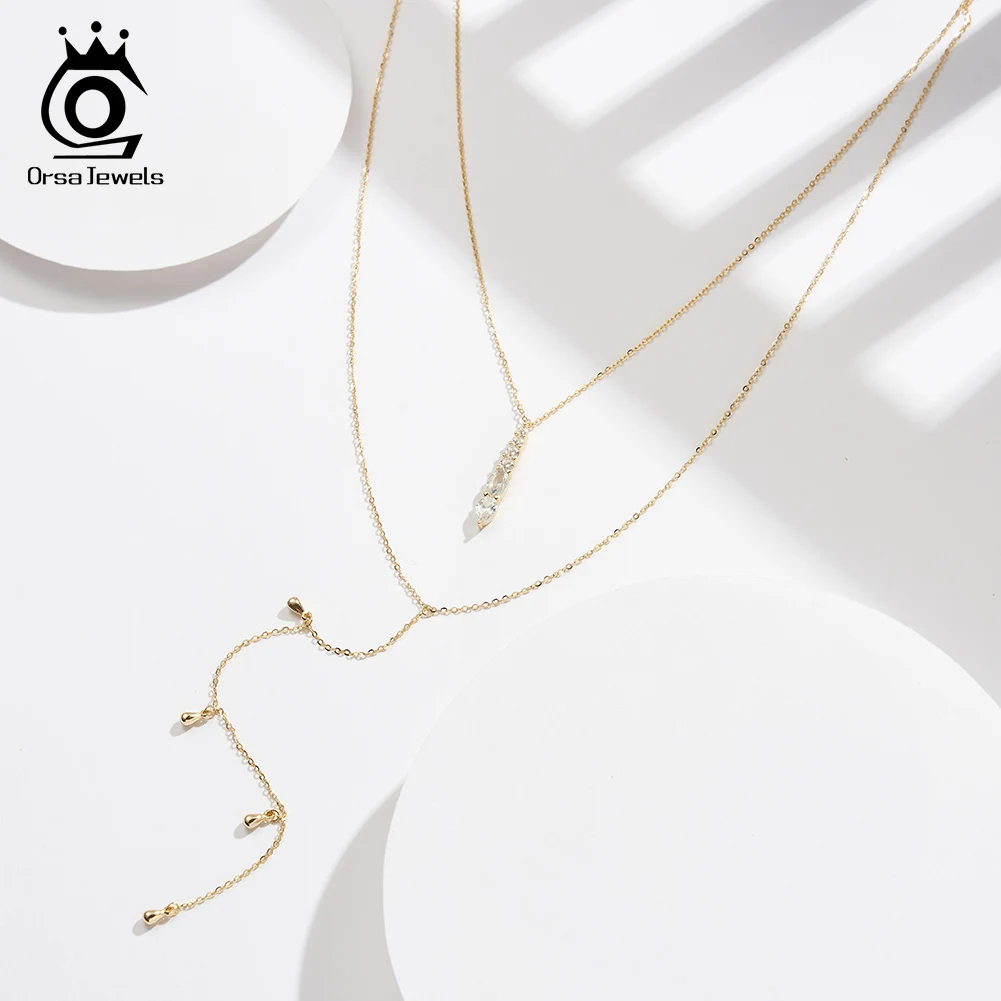 

ORSA JEWEL Vintage 925 Silver Double Layered Zircon Necklace Y Shape Long Chain Choker Wedding Party Jewelry Women Gift BQN11