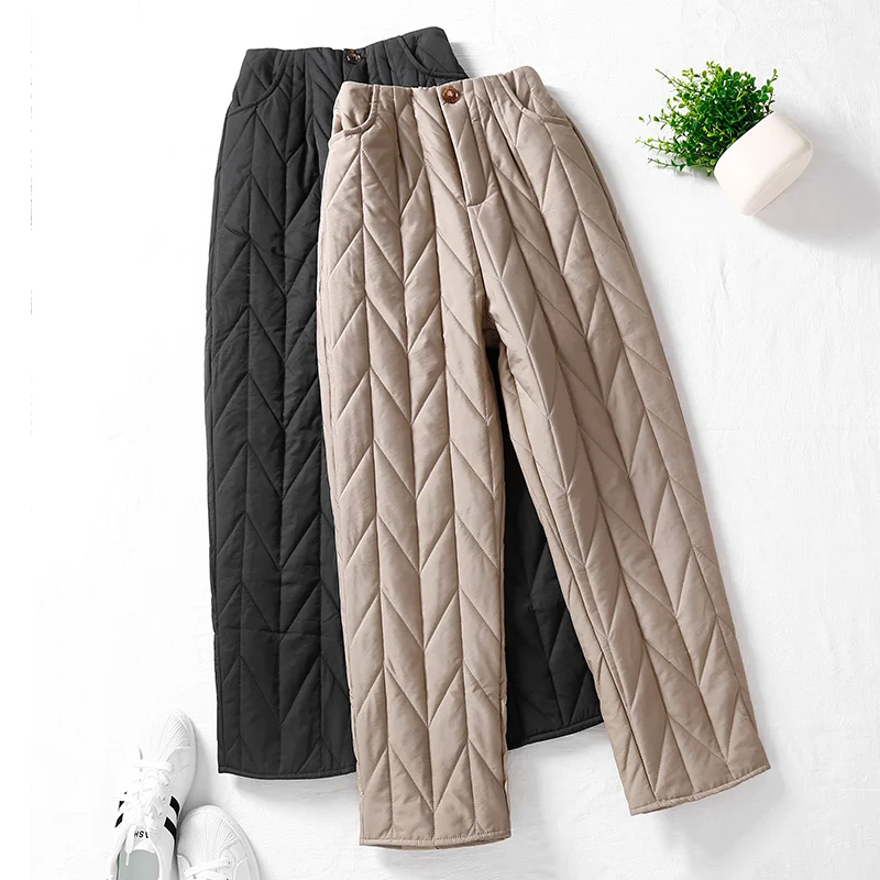 Korean Style Women Harem Pants 2024 New Winter Female Vintage Plaid Cotton-Padded Slim Pencil Pants Quilted Outerwear Trousers