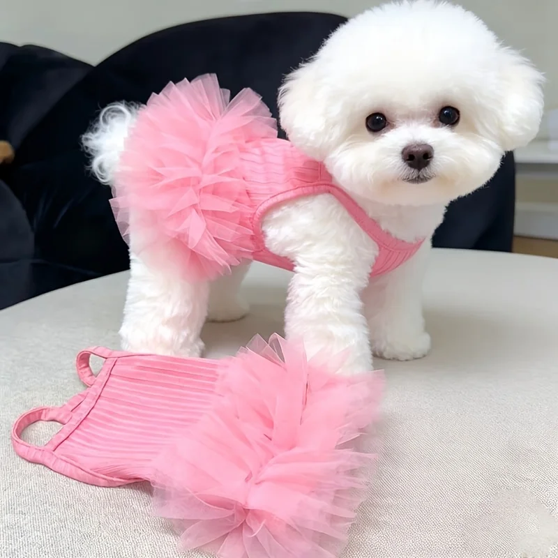 Vestido de Novia Rosa Transpirable para Perros Pequeños y Gatos - Falda Abullonada sin Tirantes, Disfraz Lavable de Primavera/Verano para Teddy, Pomerania, Pekín