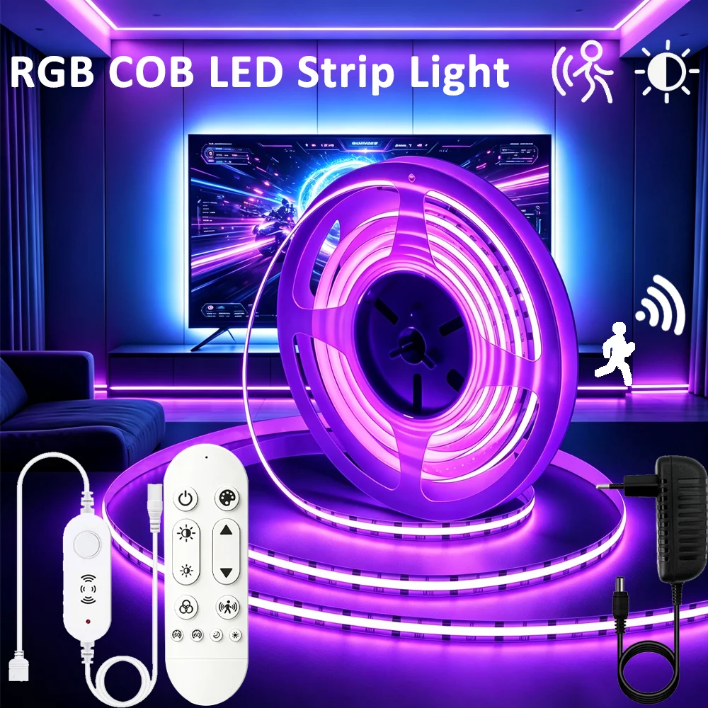 24V PCB RGB COB LED Strip Light Flexible 4pin 840leds Lights High Density Dimmable with 2.4GRF Microwave Induction Switch Reomte