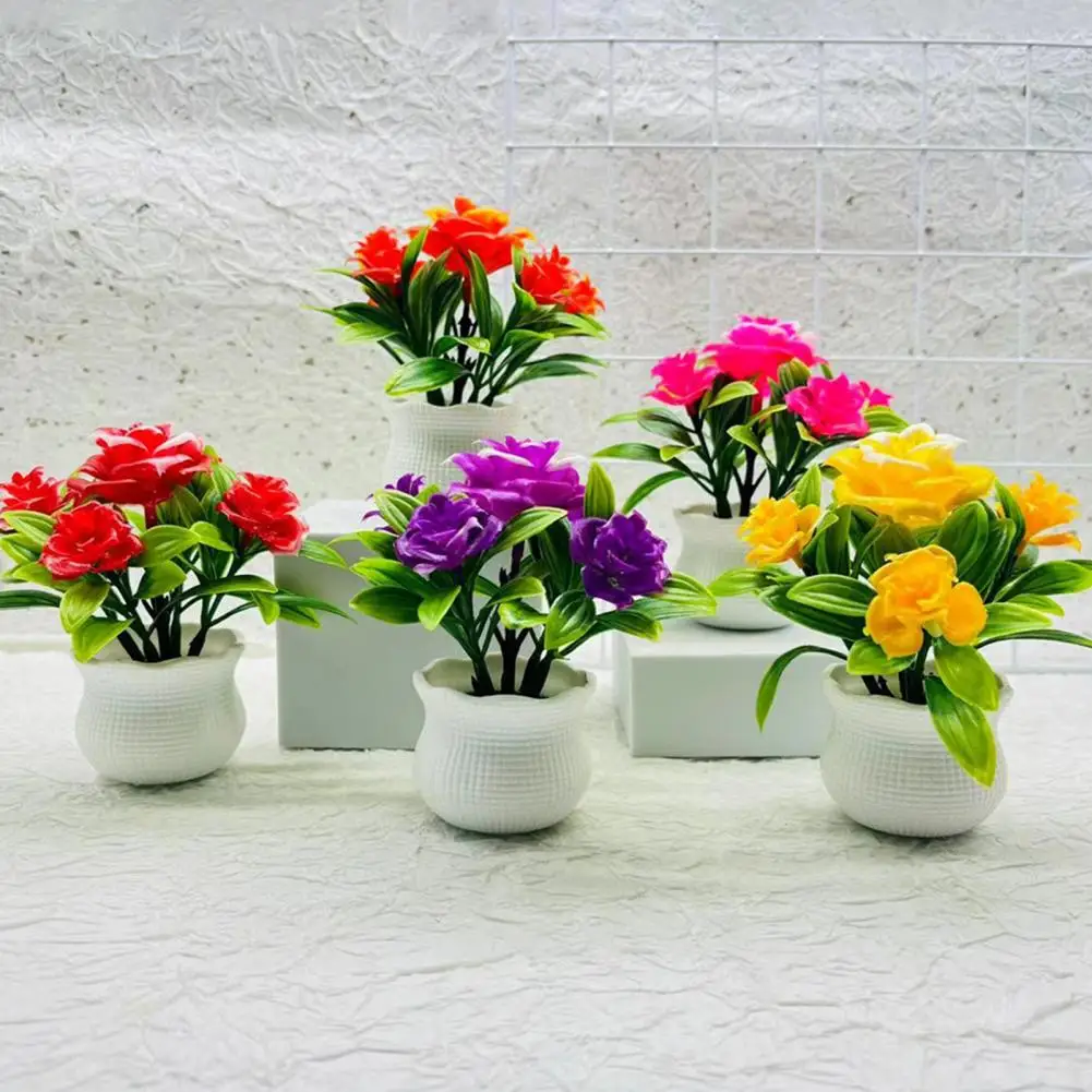 Artificial Potted Plants 5 Rose Flower Head Home Office Table Centerpiece Faux Floral Decor Wedding Faux Floral Bonsai