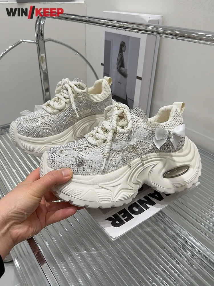 

Spring Summer Women Breathable Lace Up Mesh Shiny Diamonds Butterfly Lace Running Shoes Thick Platform Sneakers Jogger Trainers