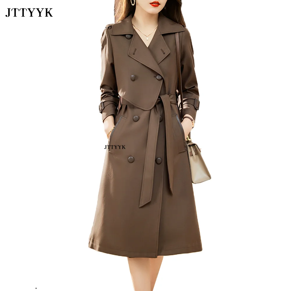 Spring Autumn Coat Women's Temperament Red Wine Windbreaker Women Long Over Knee England Style Double Breasted Trench Overcoat