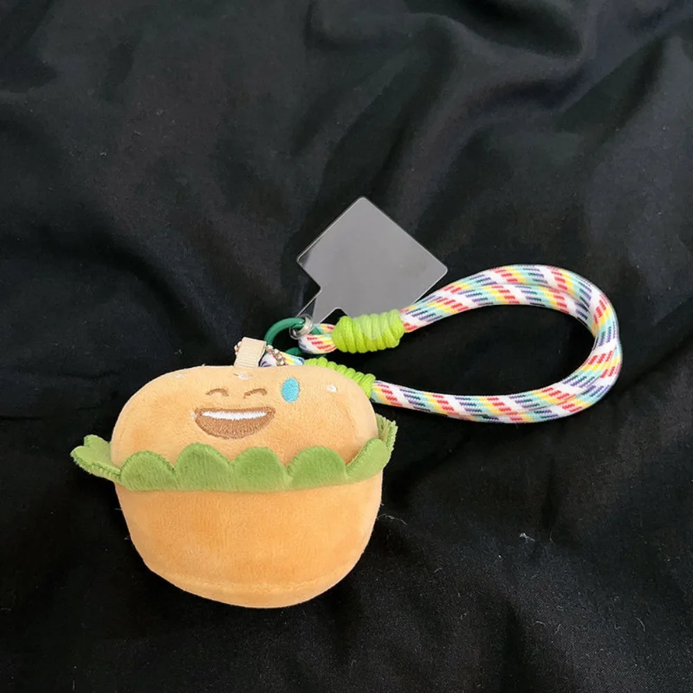 Cute plush hamburger figurine pendant with woven wrist strap, multifunctional car key, camera accessories, and strap