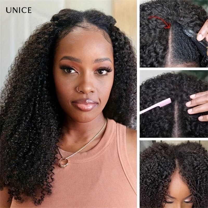 Unice EasiContour V جزء شعر مستعار غريب مجعد معظم الشعر البشري الطبيعي الخامس جزء شعر مستعار الحد الأدنى ترك مزيج سهل