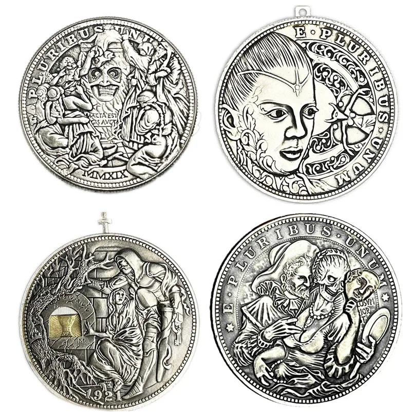 

Movable Mechanism Coin USA Hobo Nickel Morgan Dollar 4pcs/lot Mask Girl/Holy Grail/Changing Face/Queen Creative Gift