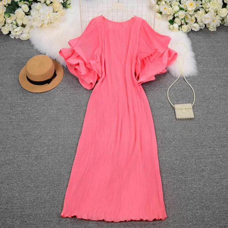 

2023 Summer 6 Colors Ruffle Loose Pleated Long Dress Women O-Neck Boho Beach Dress Oversized Vestidos