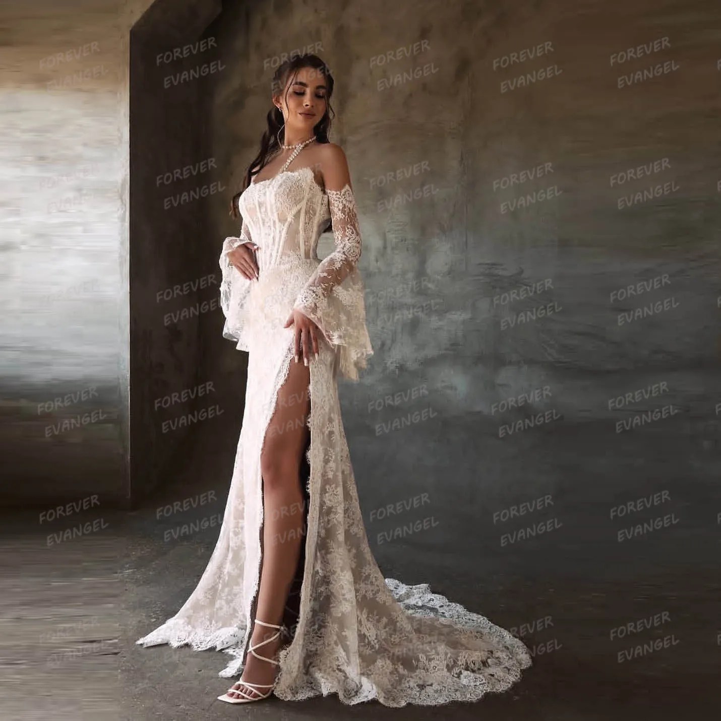 Abiti da sposa con applicazioni affascinanti Abiti da sposa a maniche lunghe a sirena da donna Abiti da sposa sexy con spacco laterale Festa personalizzata
