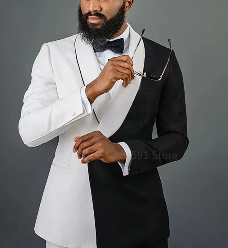 2 Pieces Newest Splicing Colors Men Suits Set Wedding Groom Tuxedo White Black Blazer+Pants Prom Dress Coat