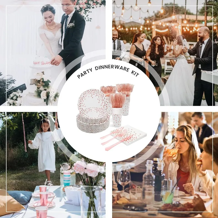 175Pcs White Rose Gold Paper Plates Dinnerware Sets for 25 Guests Party Supplies Disposable Paper Party Plates Napkins Cups Pla