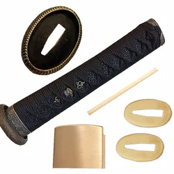 20cm Black Tsuka For Japanese Samurai Katana Sword Guard Fittings Tsuba+Menuki+Fuchi+Kashira+Handle+Habaki+Seppa