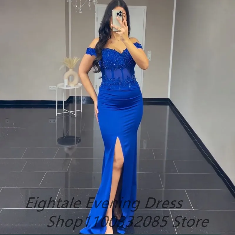 Eightale Customized 2024 Royal Blue Mermaid Evening Dresses Beaded Off Shoulder Slit Party Gown Fitted Arabic Prom Dress