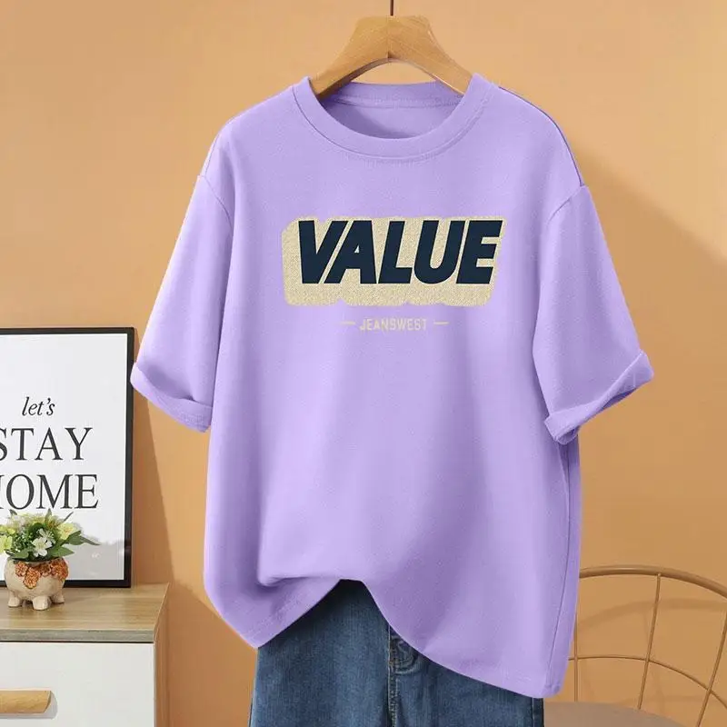 

Summer Y2k Letter Printed Basic Short Sleeve Top Tee, Vintage Loose Casual O-neck Pullovers, Women Clothing 100% Cotton T-shirt