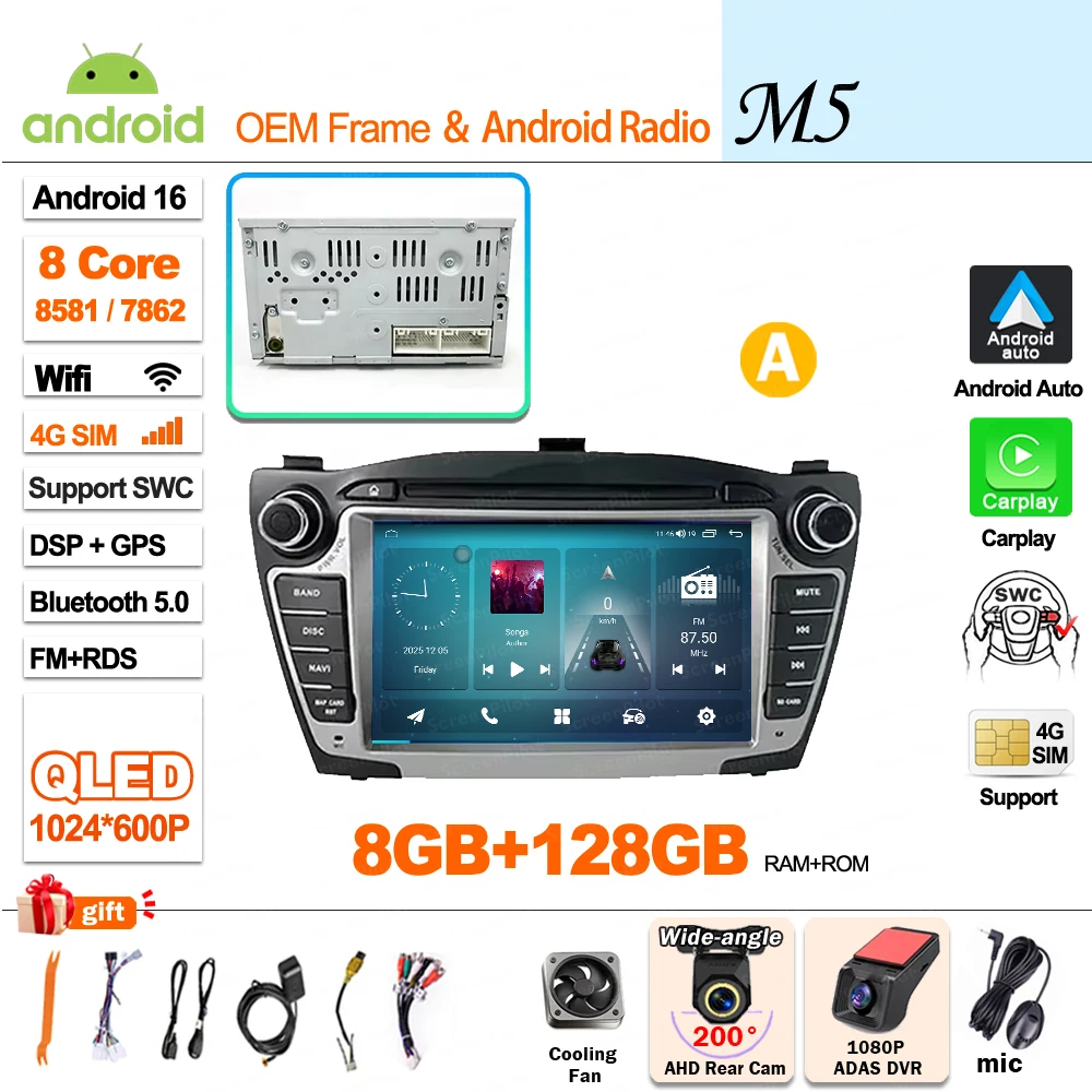 Android 16 Carplay voor Hyundai IX35 Tucson 2 LM 2009 - 2015 autoradio multimediaspeler QLED scherm GPS navigatie WiFi 5G