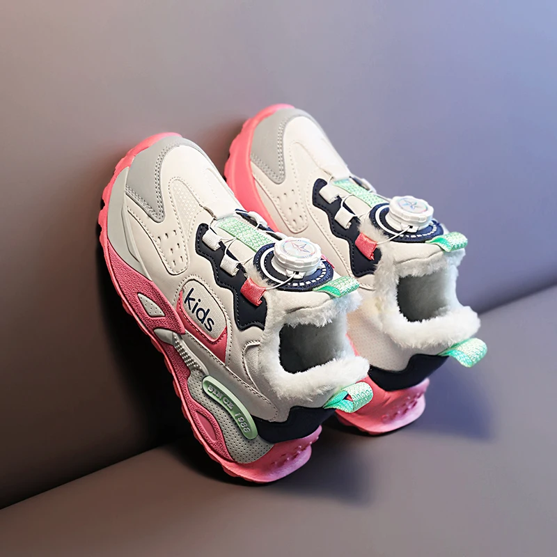 

Children's sports shoes 2025 winter new Cupertino children's non-slip basketball shoes girls rotary button cotton shoes
