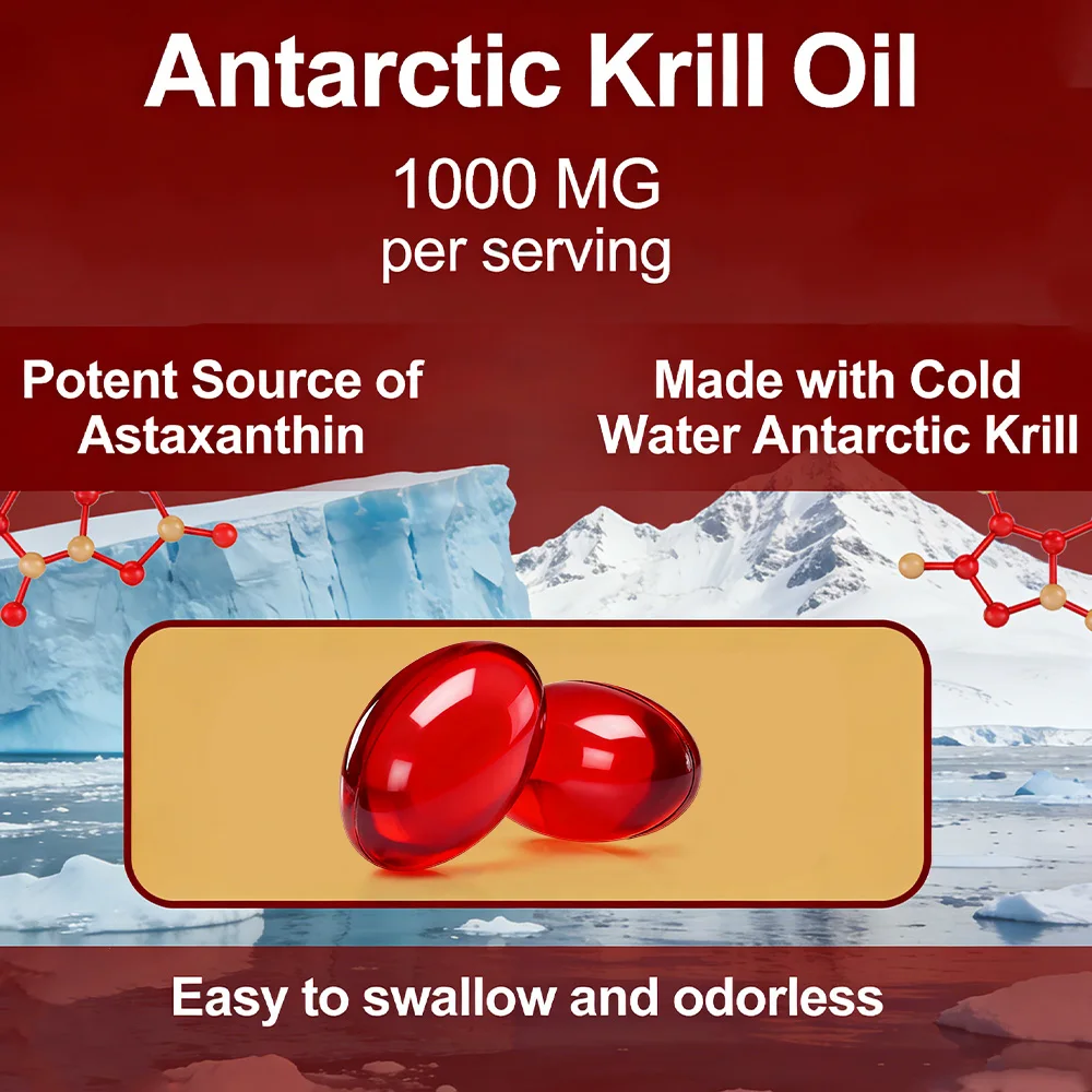 Antarctic Krill Oil 1000mg Capsules with Omega-3 EPA DHA & Astaxanthin, Joint Skin Brain Immune & Cardiovascular Support,Non-GMO