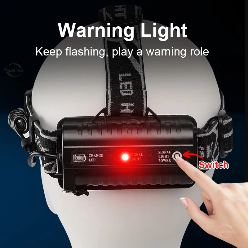 White+Blue Light Powerful Headlight With Warning Light Fishing Head Torch Rechargeable Lamp 5 Modes Outdoor Fishing Hunting Lamp