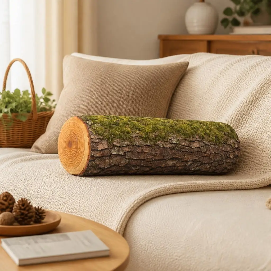 Mossy Woodland Log Plush Pillow Rustic Tree Trunk Cushion Irregular Stuffed Throw Pillow Forest Home Decor Sofa Accent Bed