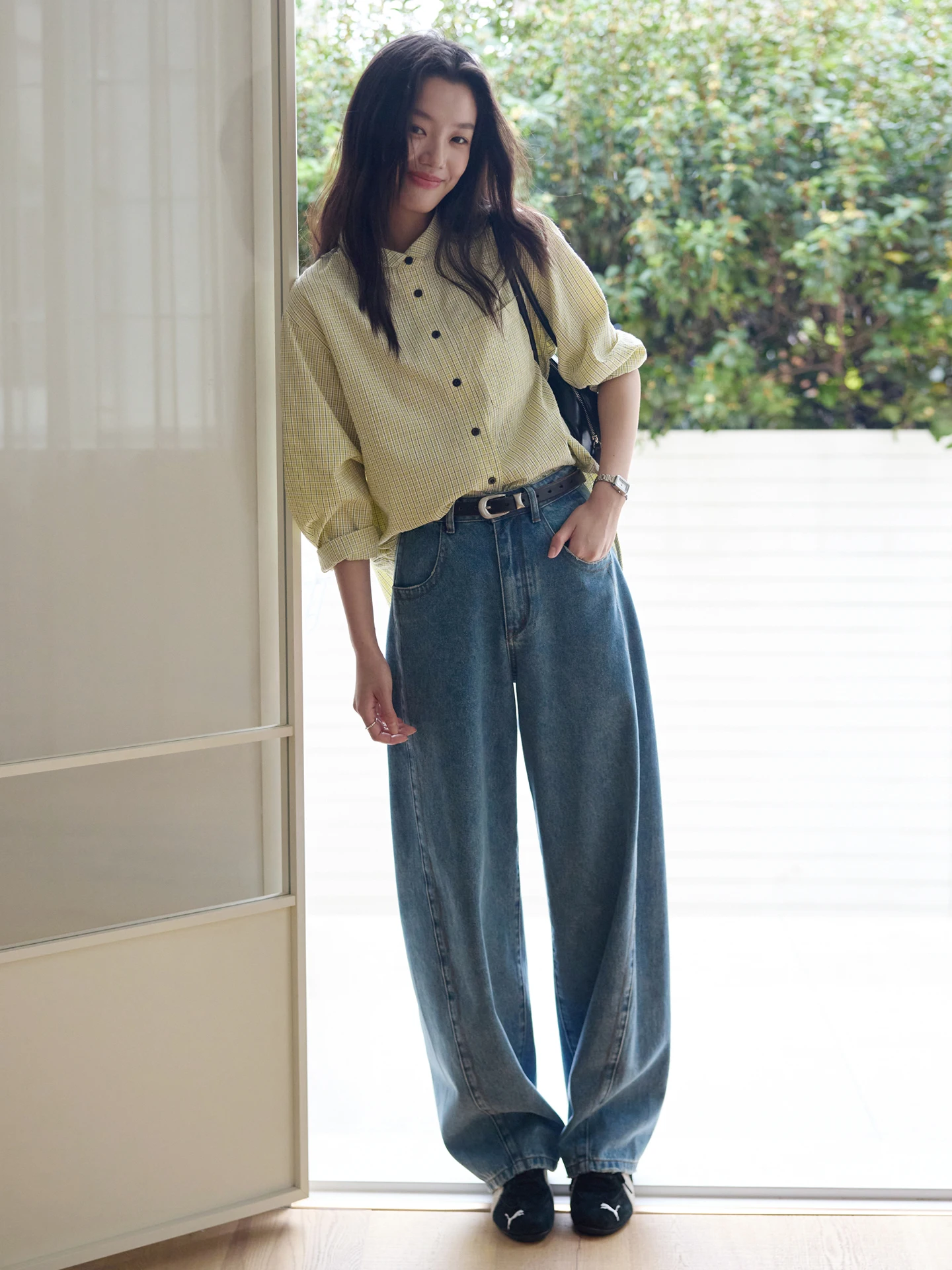 

Свободная женская рубашка в желтую клетку с длинными рукавами, повседневный стиль, стройнящая, летняя, весенняя, модная, с воротником-стойкой, открытый кардиган