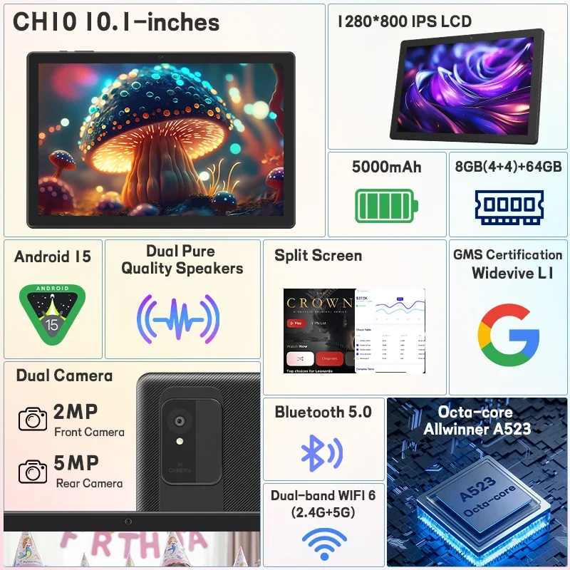 Tablet Android 15 com teclado e mouse, 8 GB + 64 GB (expand para 1 TB), tablets Octa-Core de 10,1 "com WiFi 6, câmera dupla, bateria de 5000 mAh