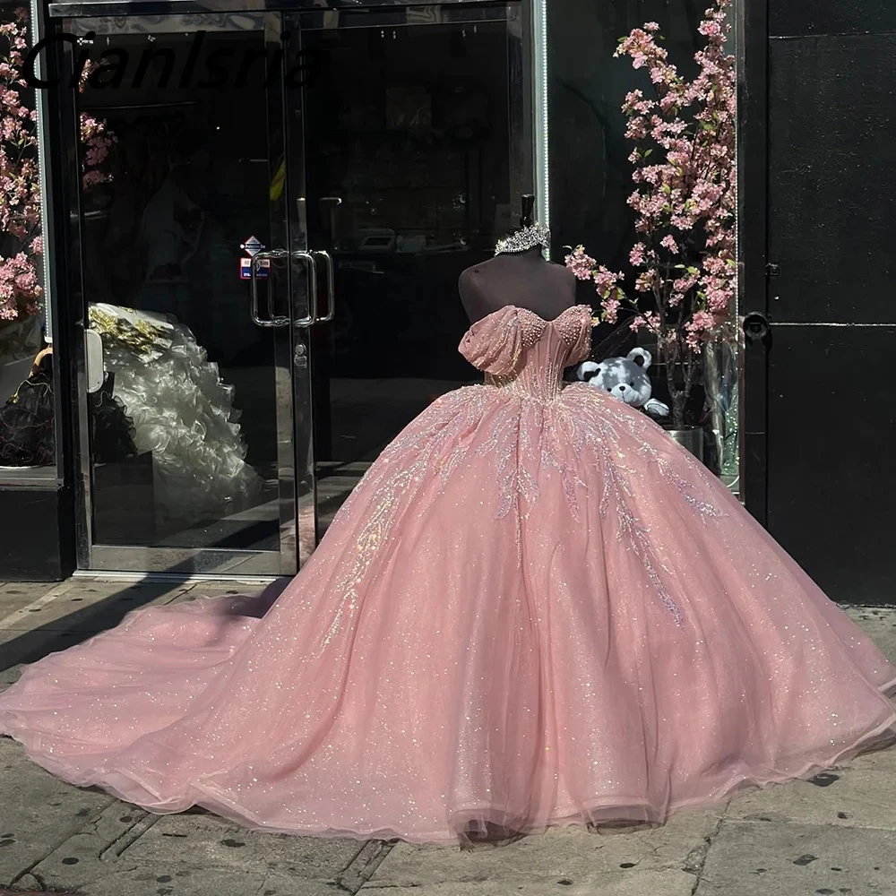 

Pink Pearls Beading Off The Shoulder Ball Gown Quinceanera Dresses Sequined Appliques Lace Corset Vestidos De 15 Años