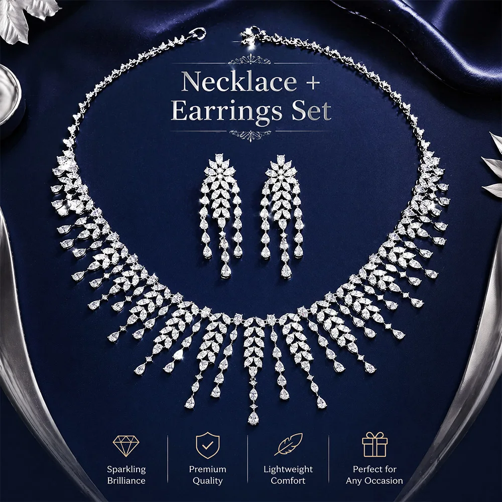 African Bridal Jewelry Set Fashion Leaf Shape Fringe Zircon Necklace 2-piece Set Women's Wedding Party Accessories
