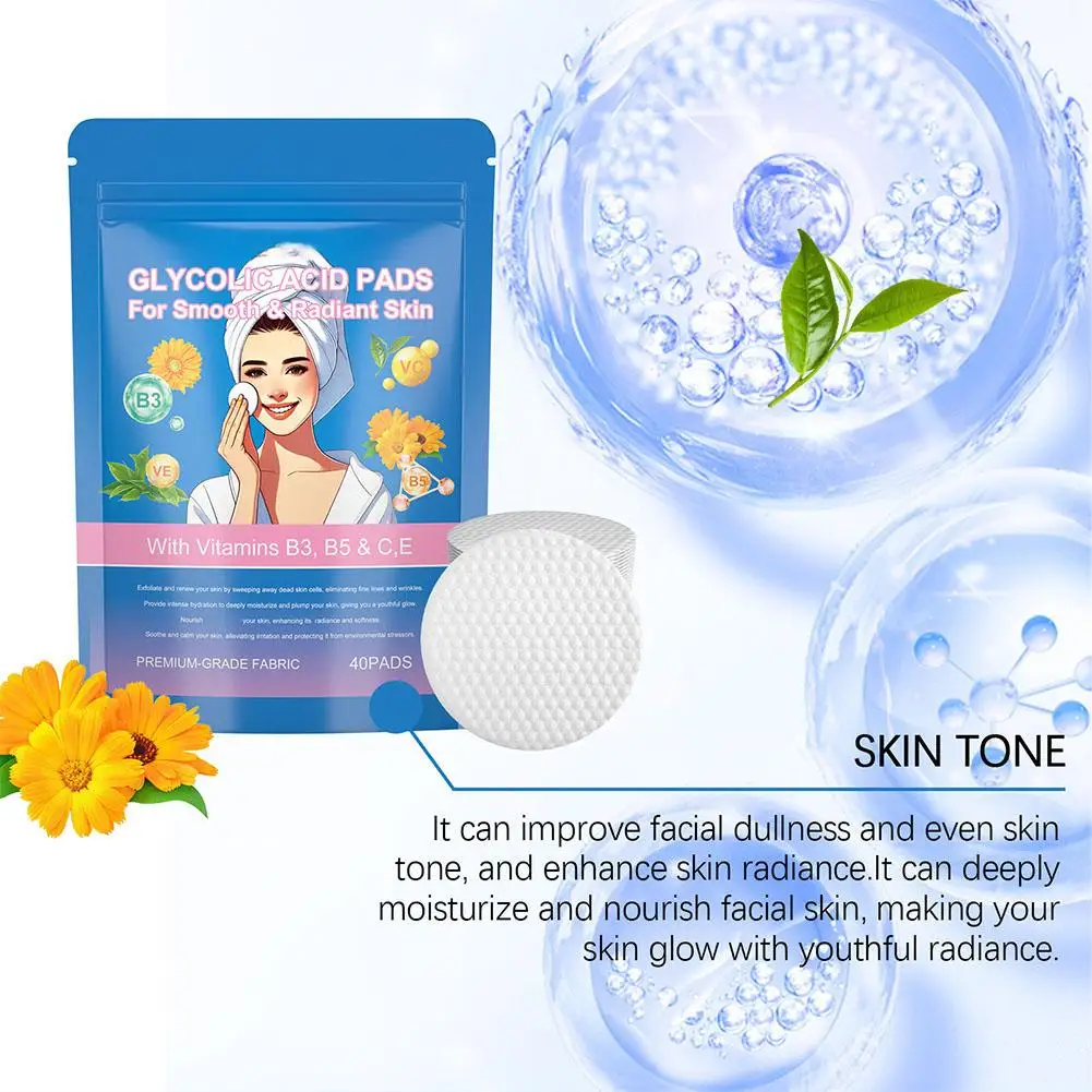 Glycolic Acid Cleansing Pads Acne Remover Brightening Moisturize Glowing Repair Oil Control Exfoliating Facial Care 40pcs/bag