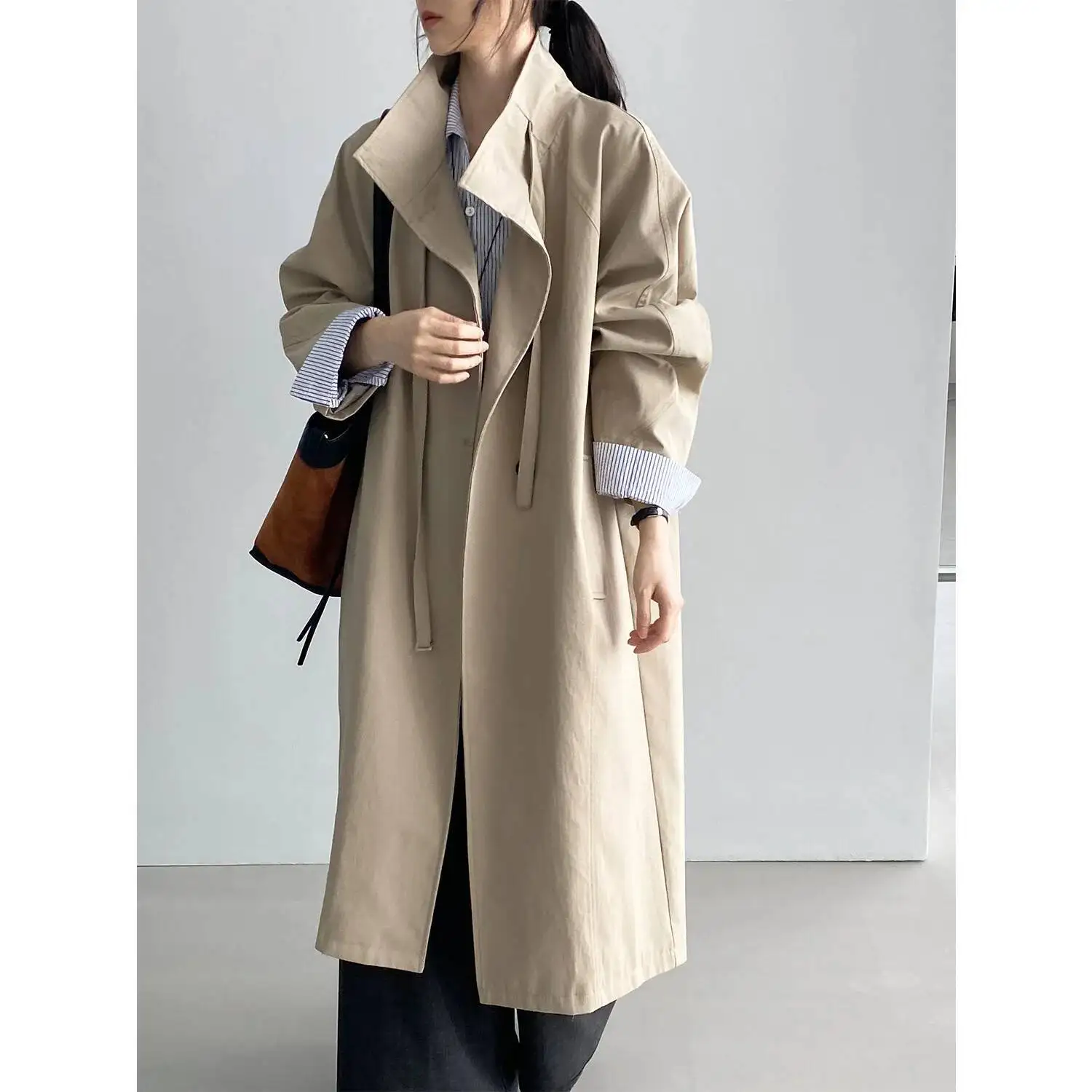 

Oversize Elegant England Style Khaki Stand-Up Collar Trench For Women Autumn New Loose Casual Long Coats