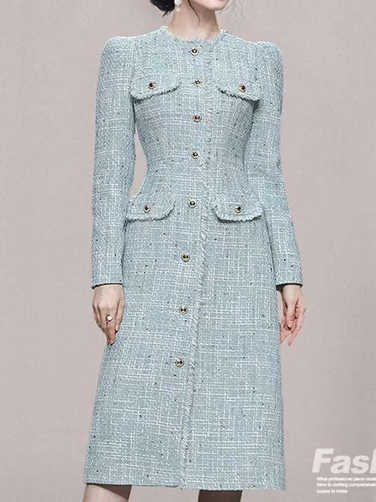 Women\'s Dresses Winter Long Sleeves Luxury O-Neck Tassel Single Breasting Tweed Dress Korean Blue Elegant Slim Dress