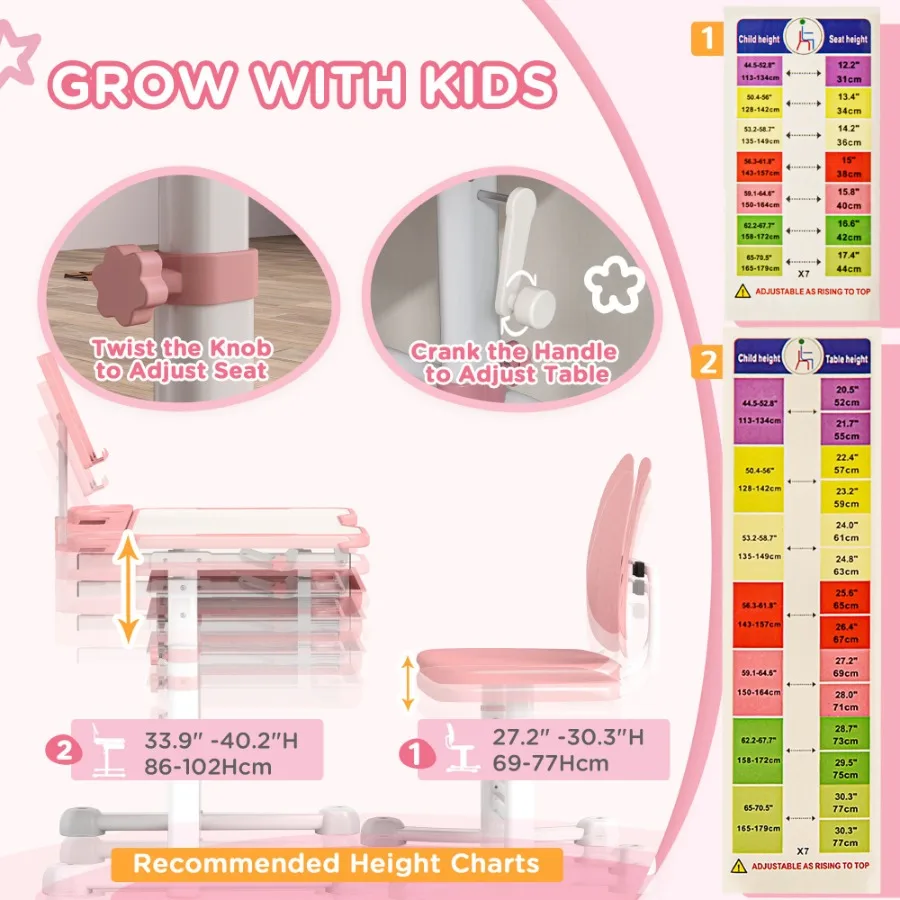 مجموعة مكتب وكرسي قابا، مجموعة مكتب دراسة مدرسي قابلة للتعديل مع درج تخزين مكتبي قابل للإمالة وحامل كتب لـ W