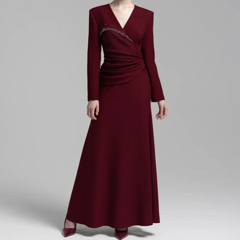 فساتين سهرة مخصصة على شكل حرف A بطول الكاحل ورقبة على شكل حرف V وأكمام طويلة فستان حفلات أنيق بطيات كريستالية بسيطة ثنيات للحفلات #3