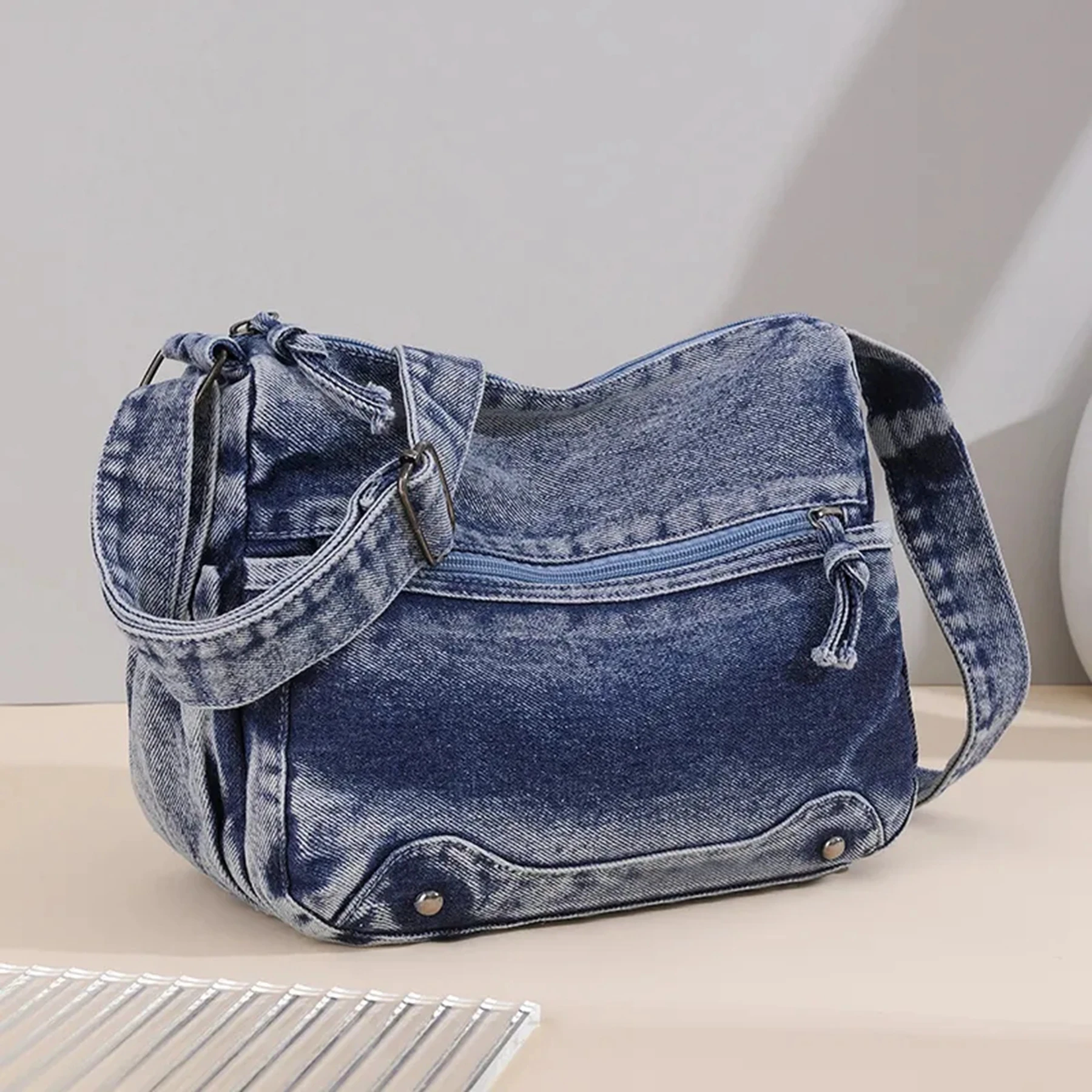 Unisex Denim Crossboday Bags Women Multi Pockets Jean Shoulder Bag Blue Black Tote Handbag Purse Men Travel Bag