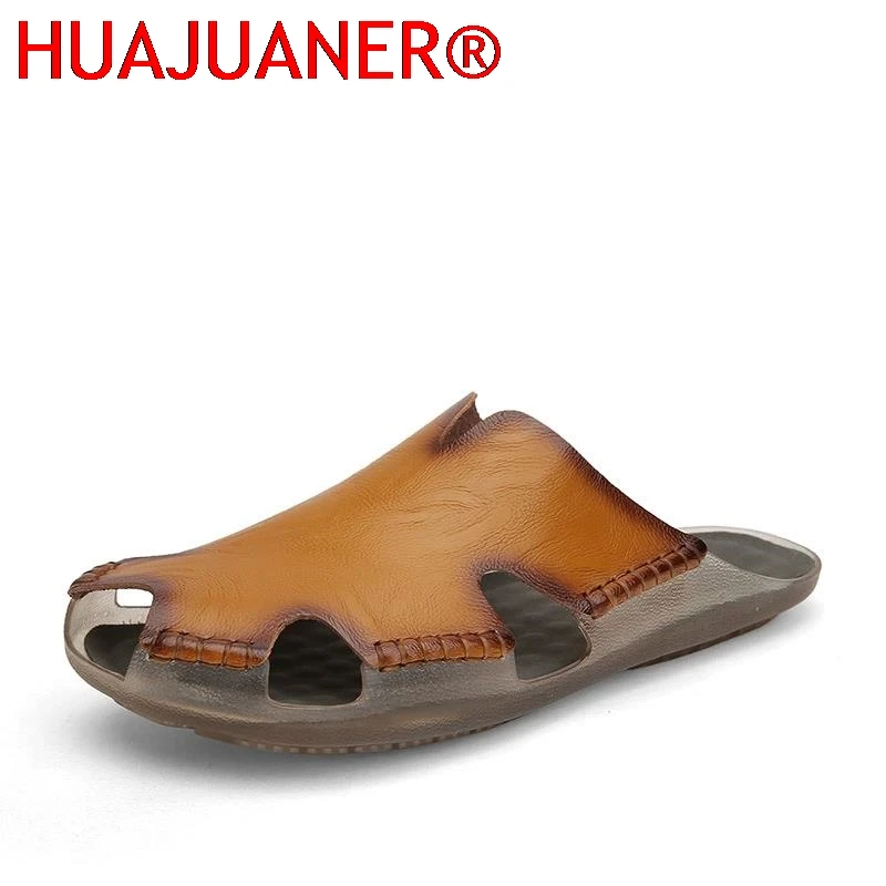 

Summer Men's Sandals Outdoor Beach Genuine Leather Slippers Open-toe Sandals Roman Shoes Summer Casual Shoes Big Size：38-48
