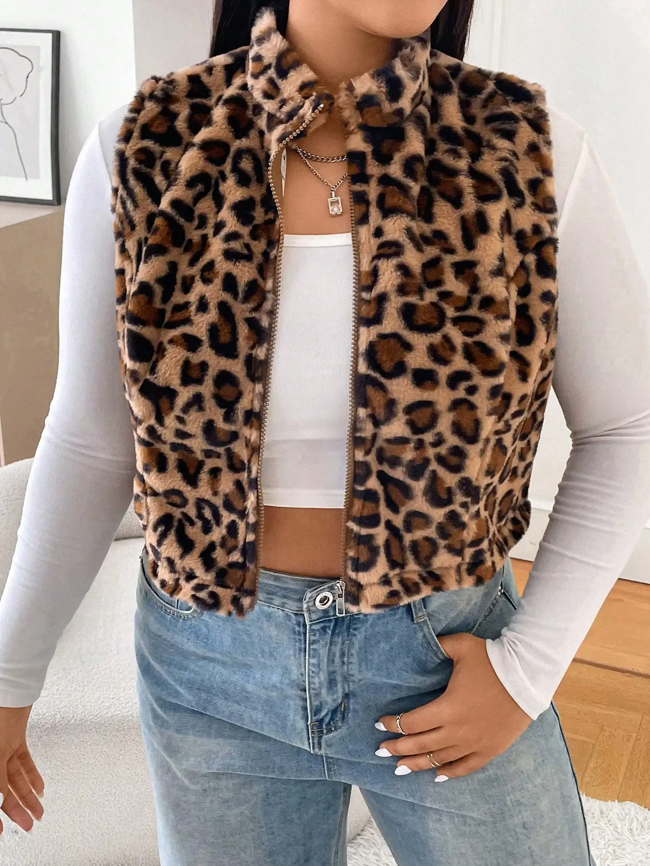 เสื้อกั๊กขนสัตว์เทียมลายเสือดาวสำหรับผู้หญิง, เสื้อแจ็คเก็ตครอปแบบมีซิป, เสื้อคลุมกันหนาวสำหรับฤดูใบไม้ร่วงและฤดูหนาว