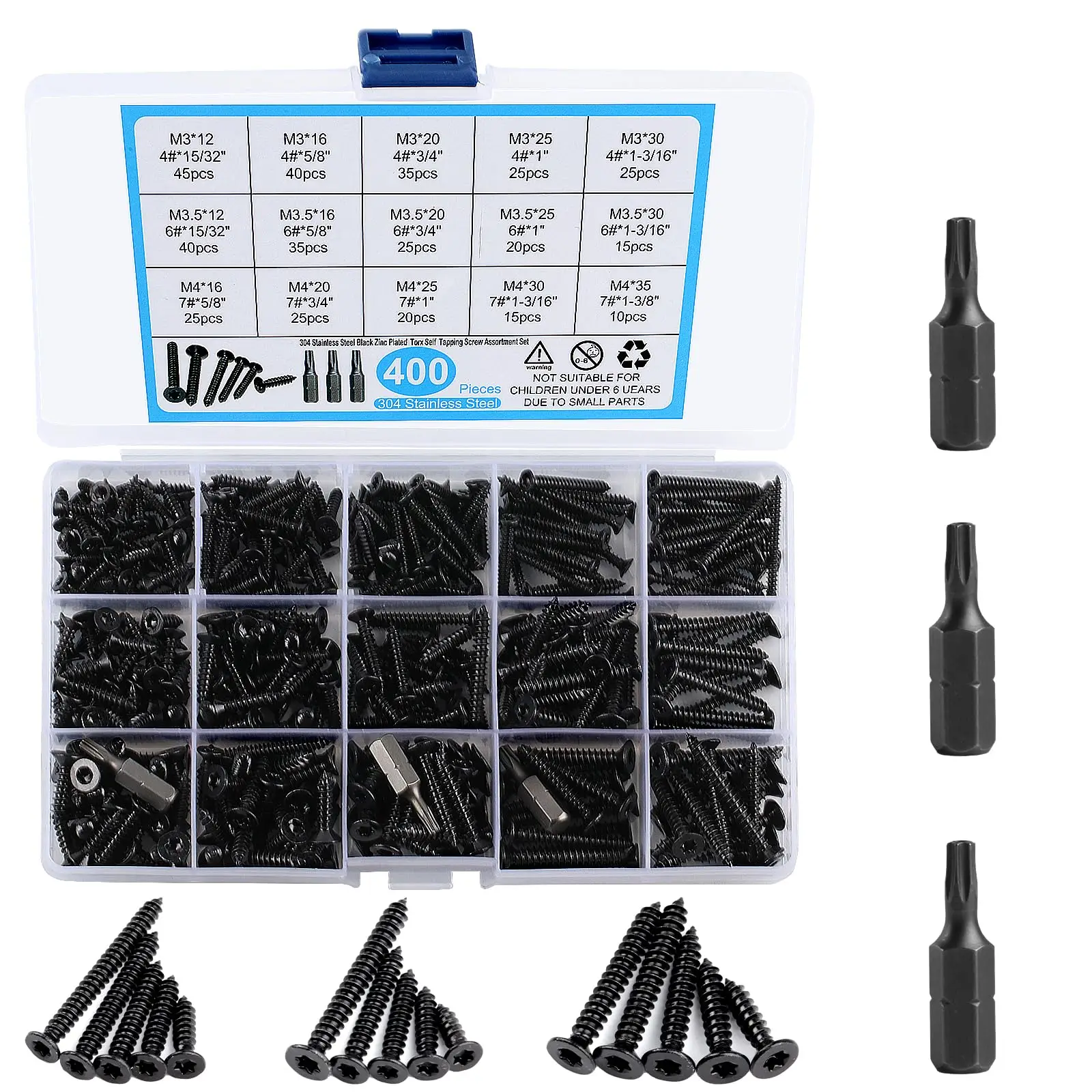 

400pcs Black Self-Tapping Screw Set - Torx Drill M3-M4, 12-35mm for Wood/Drywall12mm/16mm/20mm/25mm/30mm/35mm