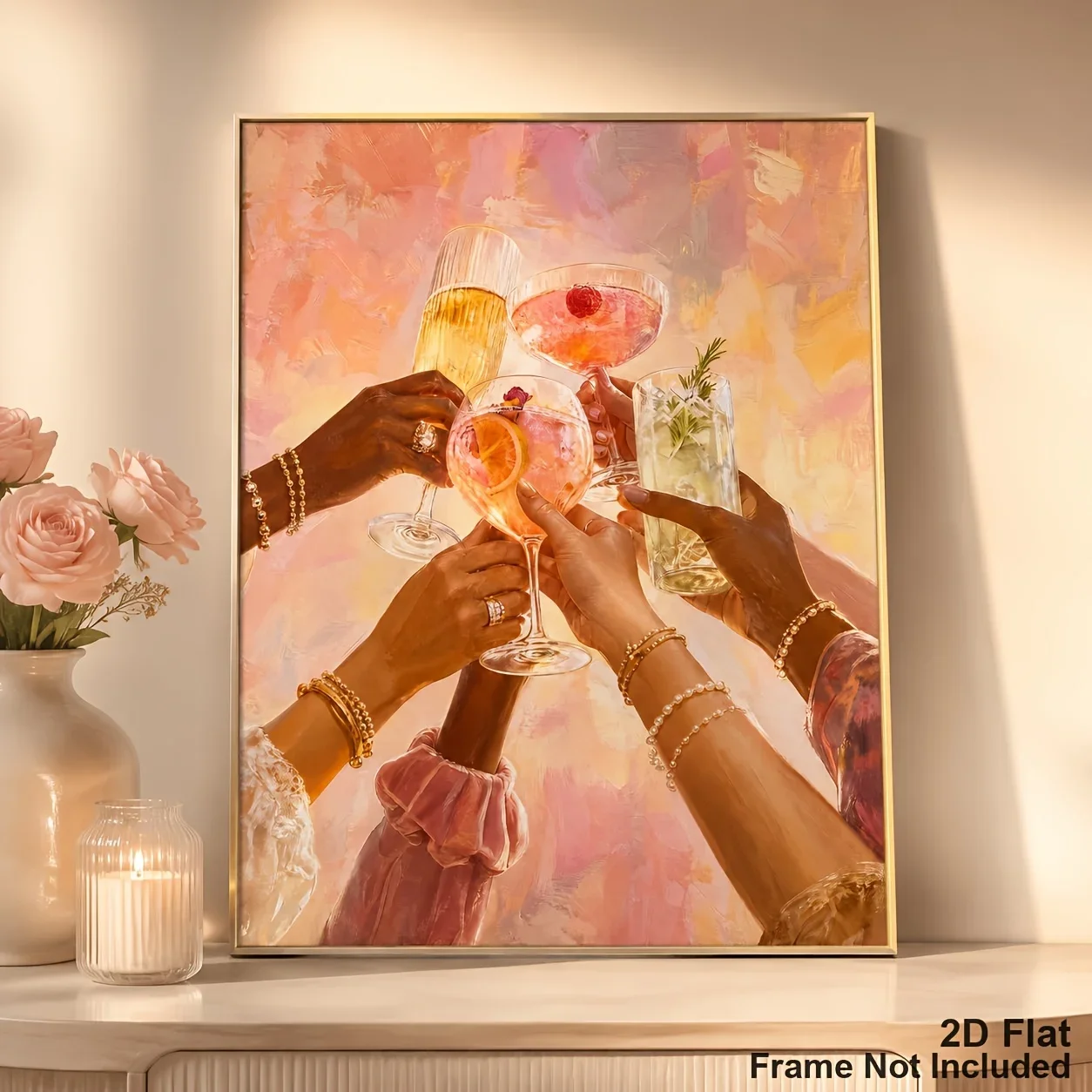 (No frame)2D Flat, Modern Impressionist Champagne Toast Party Wall Art - Vertical Suitable for Living Room, Dining Room Decor