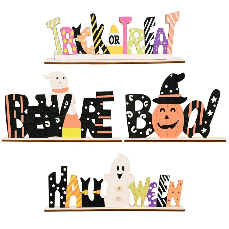 Halloween Wooden Centerpiece Signs-Happy Halloween Trick or Treat Boo Tabletop Signs With Hat Goast Pumpkin for Home Party Decor