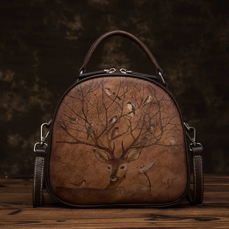 

Vintage Genuine Leather Women's Shoulder Bag - Luxury Designer Handbag with New Deer Pattern Crossbody Bag for Women