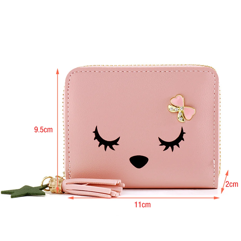 Mini portefeuille à pompon court pour femme, petit porte-monnaie en cuir PU avec fermeture éclair pour fille mignonne, sac à main pour femme