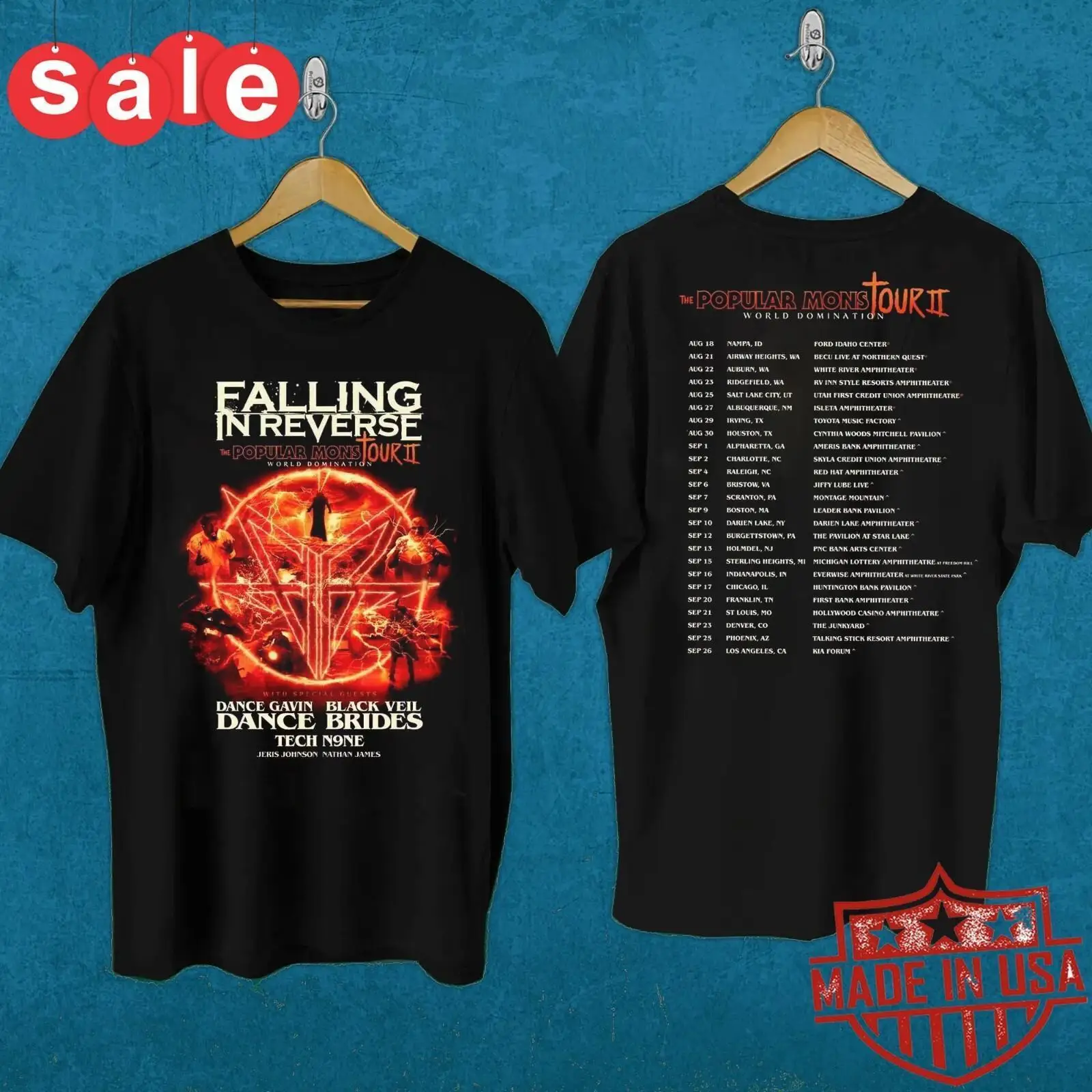 Falling in Reverse Popular Monstour II 2024 Cotton Unisex S-5XL Shirt 1LU1212