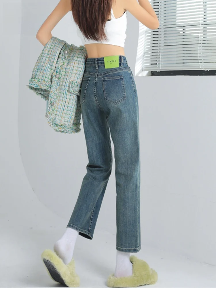 

High Waist Straight Leg Jeans Women's Slim Fit Skinny Thin Summer New Style French Bread Smoke Tube Pants Pure Color Wear Res...