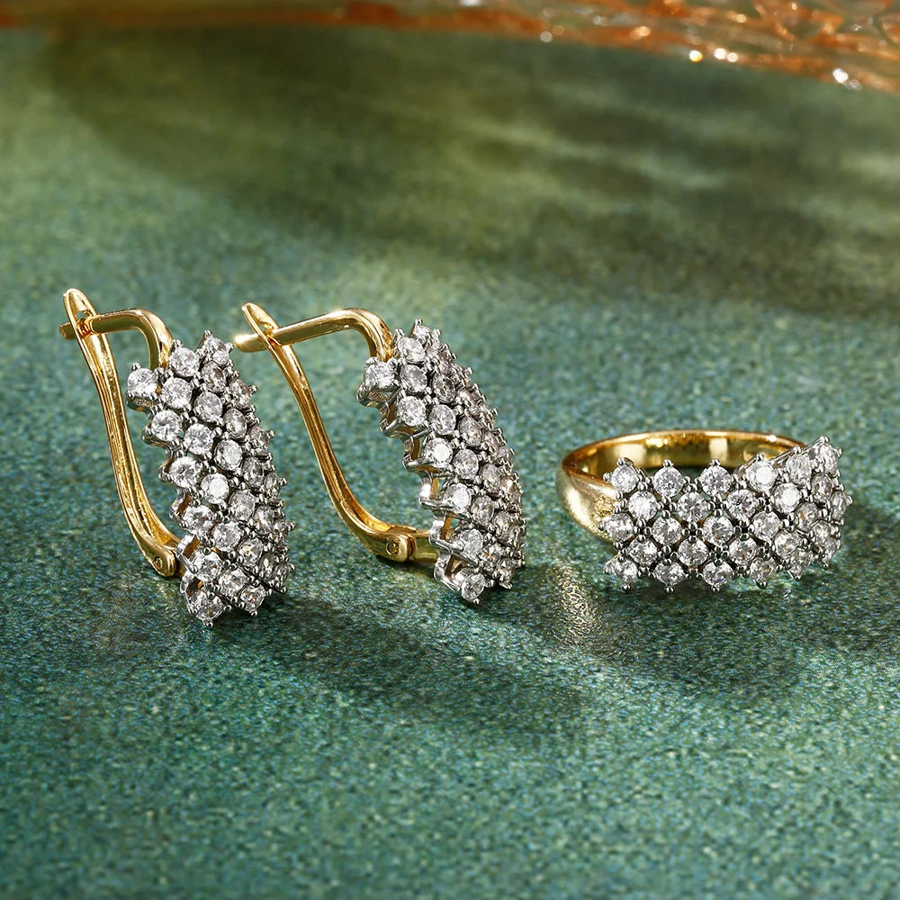 Multi-row inlaid zircon earrings and rings two-tone set copper-plated 14K gold retro fashion jewelry luxury party wedding gifts
