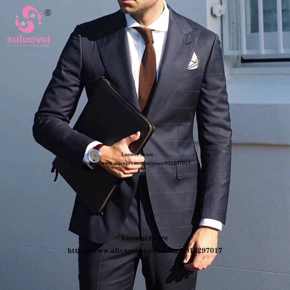 

Fashion Plaid Slim Fit Suits For Men 2 Piece Jacket Pants Set Male Business Blazer Formal Groom Wedding Big Peaked Lapel Tuxedo