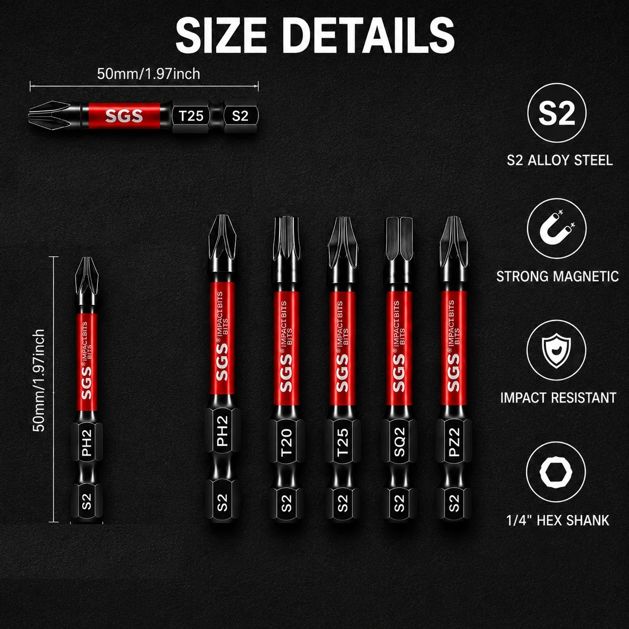 25-teiliges Set 50mm S2 Stahl Starke Magnetische Schlagschrauber-Bits Ph2/Pz2/T20/T25/Sq2 1/4 Zoll Sechskant-Schaft Elektroschrauber-Bits für Möbelmontage und Reparatur DIY – Detail 3